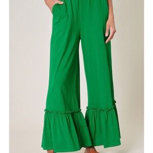 Sugarlips Ruffle Hem Wide Leg Cotton Pants Plus Sz 2X Kelly Green Vacation Beach